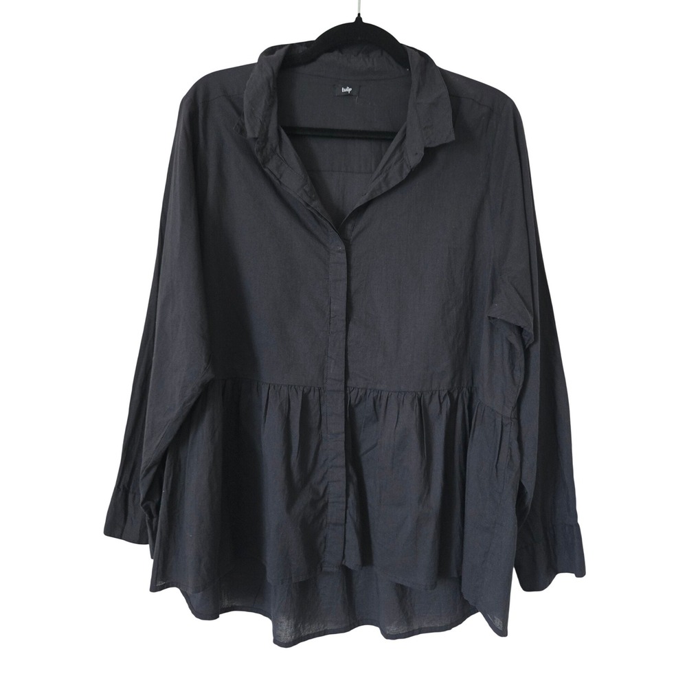 Tulip‎ Black 100% Cotton Peplum Button Down Top Lagenlook Art To Wear Large